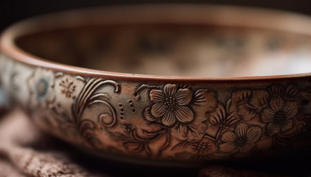 Earthenware bowl with ornate pattern, a craft product from ancient cultures generated by artificial intelligenceの素材