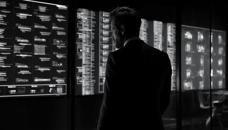 One businessman standing indoors, working on computer, holding chart generated by artificial intelligenceの素材