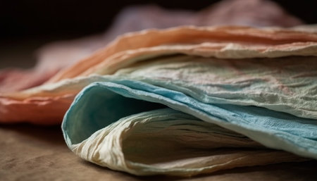 Homemade textile craft yellow wool rolled up on rustic wood generated by artificial intelligenceの素材