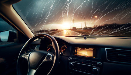 Driving luxury car on multiple lane highway at dusk, illuminated dashboard generated by artificial intelligenceの素材