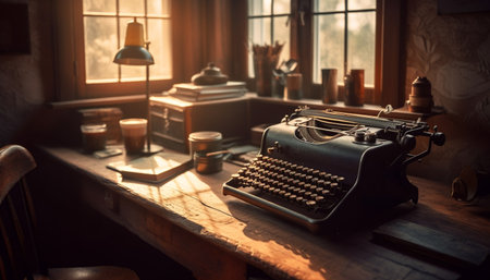 Antique typewriter on rustic wooden desk evokes nostalgia and elegance generated by artificial intelligenceの素材