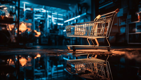 Modern shopping mall reflects city life with steel equipment and merchandise generated by artificial intelligenceの素材