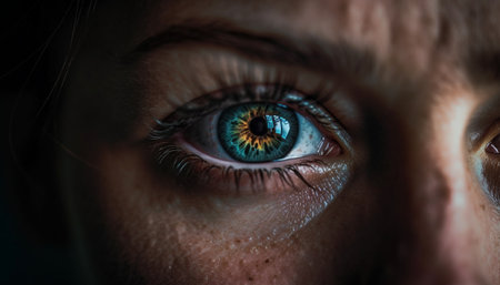 Blue eyed woman staring, selective focus on iris, studio shot portrait generated by artificial intelligenceの素材