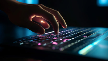 Busy businessman typing on modern laptop using wireless technology at night generated by artificial intelligenceの素材