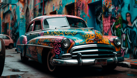 Vintage car in Caribbean city, rusty but still driving blue generated by artificial intelligenceの素材