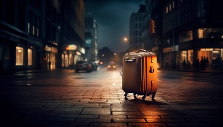 Traveling at dusk, luggage in hand, exploring the cityscape generated by artificial intelligenceの素材
