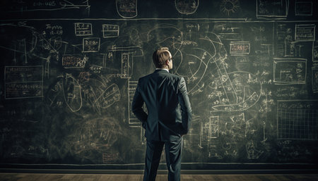 Young adult businessman standing, holding blackboard with doodles, planning success generated by artificial intelligenceの素材