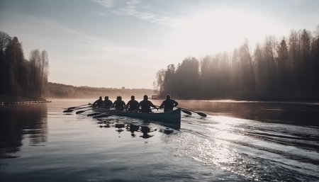 Men and women paddling canoe, enjoying tranquil nature scene generated by artificial intelligenceの素材