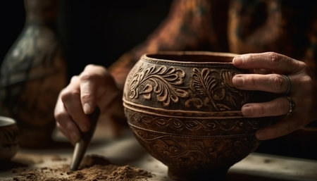 Craftsperson hand holding earthenware bowl in rustic pottery workshop generated by artificial intelligenceの素材