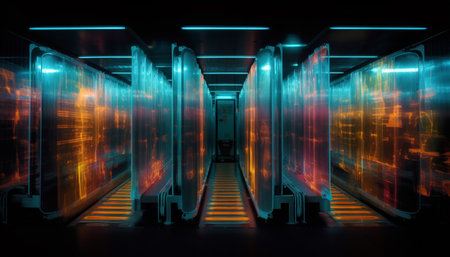 A futuristic computer network server glows blue in the dark generated by artificial intelligenceの素材