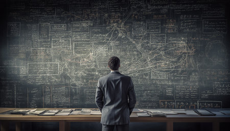 Young adult businessman standing indoors, planning business strategy using computer generated by artificial intelligenceの素材