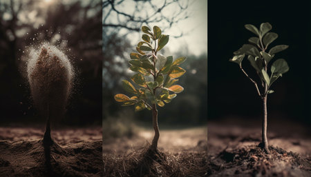 Fresh green seedling growth on tree branch in nature landscape generated by artificial intelligenceの素材