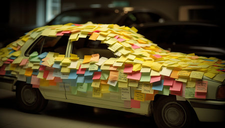 Busy city office with chaotic traffic and colorful land vehicles generated by artificial intelligenceの素材