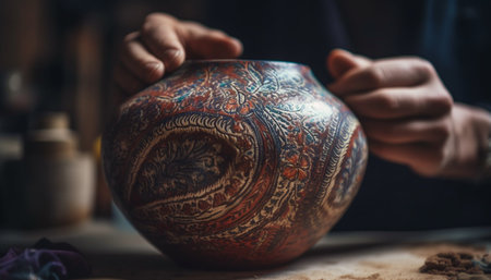 Craftsperson skillfully creates earthenware pottery using indigenous culture patterns generated by artificial intelligenceの素材