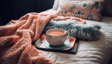 Cozy bedroom with modern design, hot drinks, and wool blankets generated by artificial intelligenceの素材