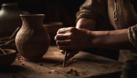 Craftsperson working in pottery workshop, skillfully creating handmade earthenware vase generated by artificial intelligenceの素材