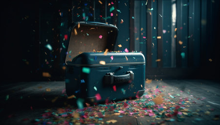 Multi colored confetti falling on dark, illuminated stage for celebration generated by artificial intelligenceの素材