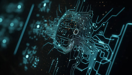 Abstract computer chip pattern glows in futuristic digital display backdrop generated by artificial intelligenceの素材