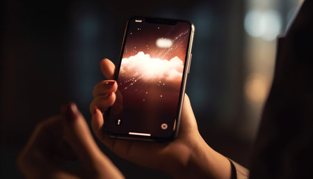 Hand holding illuminated touch screen mobile phone for text messaging generated by artificial intelligenceの素材