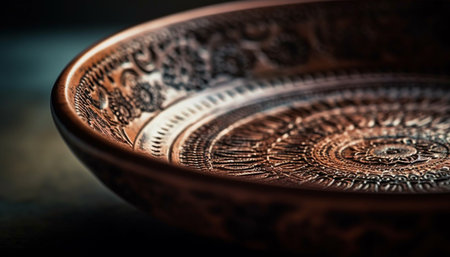 Antique earthenware bowl with ornate pattern on wooden table generated by artificial intelligenceの素材
