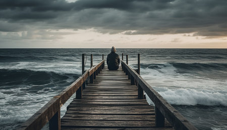 Solitude in serene nature one person walking on jetty plank generated by artificial intelligenceの素材
