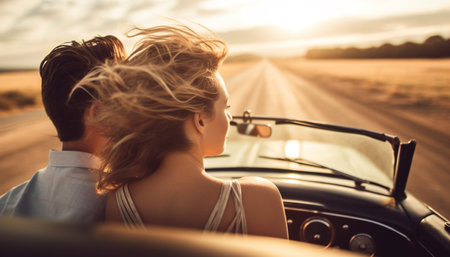 One woman driving a convertible, enjoying a carefree road trip generated by artificial intelligenceの素材