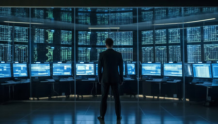 Modern businessman standing in glowing office, watching computer network success generated by artificial intelligenceの素材