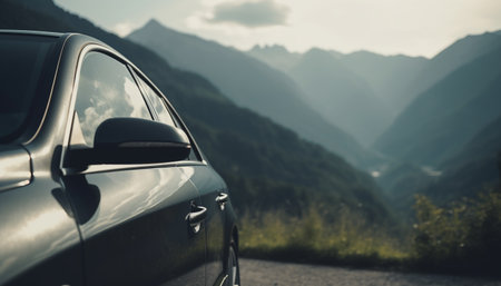 Driving through mountain range, one person journey to freedom generated by artificial intelligenceの素材