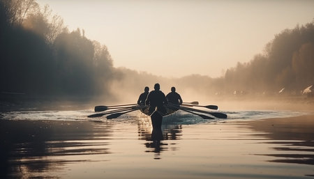 Men and women paddling canoe at sunset, enjoying nature beauty generated by artificial intelligenceの素材