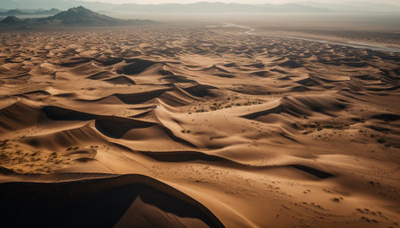 Tranquil sand dunes ripple in arid African landscape at sunset generated by artificial intelligenceの素材