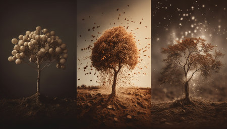 Autumn forest landscape with yellow leaves and dark silhouette backdrop generated by artificial intelligenceの素材