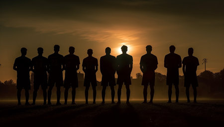 Silhouette of men and women standing, back lit by sunset generated by artificial intelligenceの素材