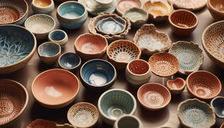 Vibrant earthenware collection, ornate pottery with floral pattern decoration generated by artificial intelligenceの素材