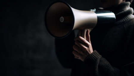 Public speaker holding megaphone announces message to diverse audience generated by artificial intelligenceの素材
