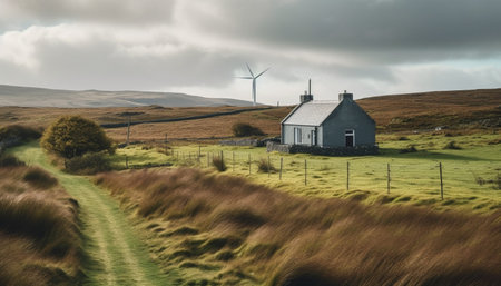 Wind turbines turning on mountain range generate sustainable electricity generated by artificial intelligenceの素材