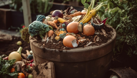 Organic vegetable basket, abundance of fresh produce for healthy eating generated by artificial intelligenceの素材