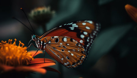 Vibrant elegance in nature spotted butterfly pollinates yellow flower generated by artificial intelligenceの素材