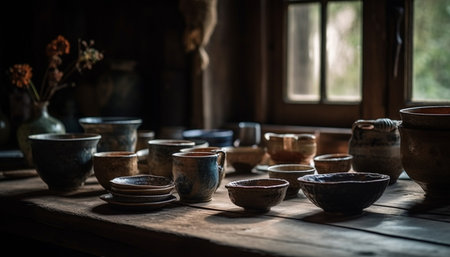 Rustic pottery collection adorns old fashioned domestic kitchen shelf generated by artificial intelligenceの素材