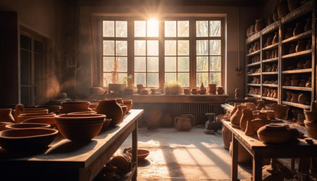 Earthenware pottery on wooden shelf in sunlit domestic room generated by artificial intelligenceの素材