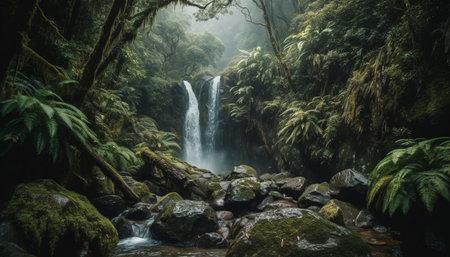 Tranquil scene of a tropical rainforest with flowing water and green foliage generated by artificial intelligenceの素材