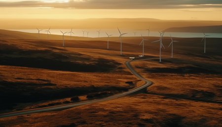Silhouette of wind turbines spinning in a row at dusk generated by artificial intelligenceの素材