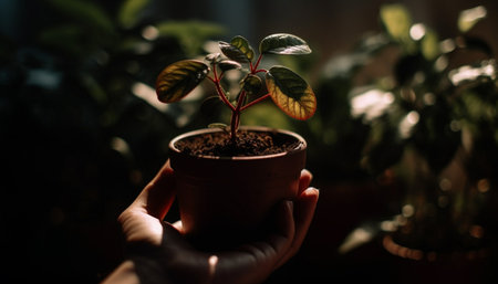 Hand holding fresh green seedling for new life and growth generated by artificial intelligenceの素材