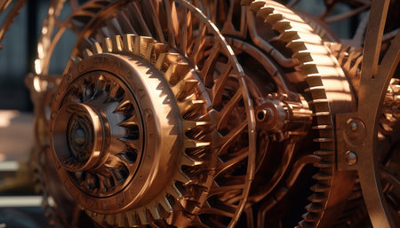 Metallic machinery turning gears, interlocked for precision in construction industry generated by artificial intelligenceの素材