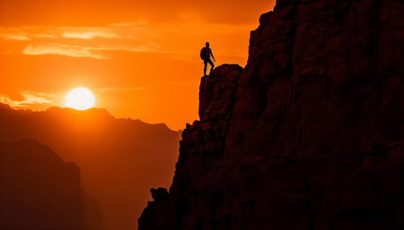Man conquers mountain peak at sunset, a true adventure success generated by artificial intelligenceの素材