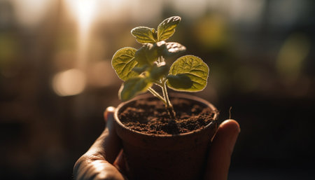 New life begins with organic growth, holding seeds in hand generated by artificial intelligenceの素材