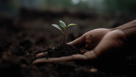 New life begins with human hand planting seedling in dirt generated by artificial intelligenceの素材