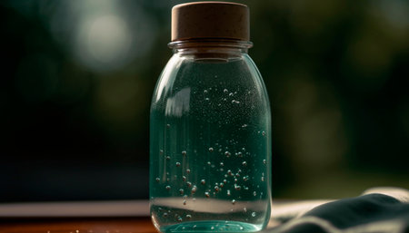 Fresh dew drops on green glass bottle, nature pure refreshment generated by artificial intelligenceの素材