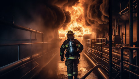 The firefighter in protective workwear battles the inferno at night generated by artificial intelligenceの素材
