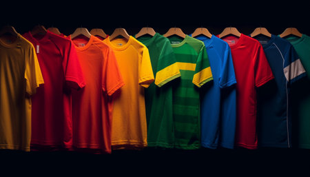 Multi colored clothing collection with vibrant colors and striped variations for men generated by artificial intelligenceの素材