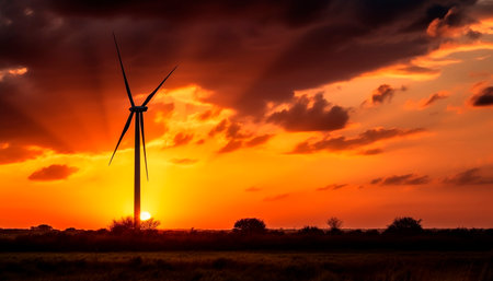 Renewable energy spinning wind turbine generates power from nature beauty generated by artificial intelligenceの素材